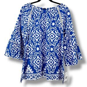 New Calessa Blue Abstract Ikat Print 3/4 Tiered Sleeve Tunic Shirt Size Small